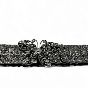 Vintage Gunmetal Stretch Belt w/ Butterfly Filigree Buckle